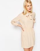 Asos Waisted Pussybow Dress - Nude