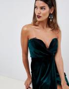 Asos Design Velvet Wrap Bandeau Dress With Lace Trim - Green