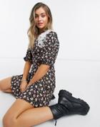 Asos Design Wrap Front Mini Dress With Crochet Collar In Playful Floral-multi
