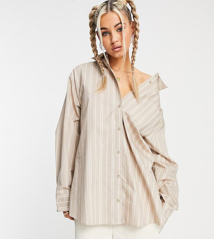 Collusion Drop Shoulder Oversized Shirt Set In Beige Stripe-neutral