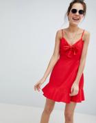 Asos Linen Tie Front Skater Mini Sundress - Red