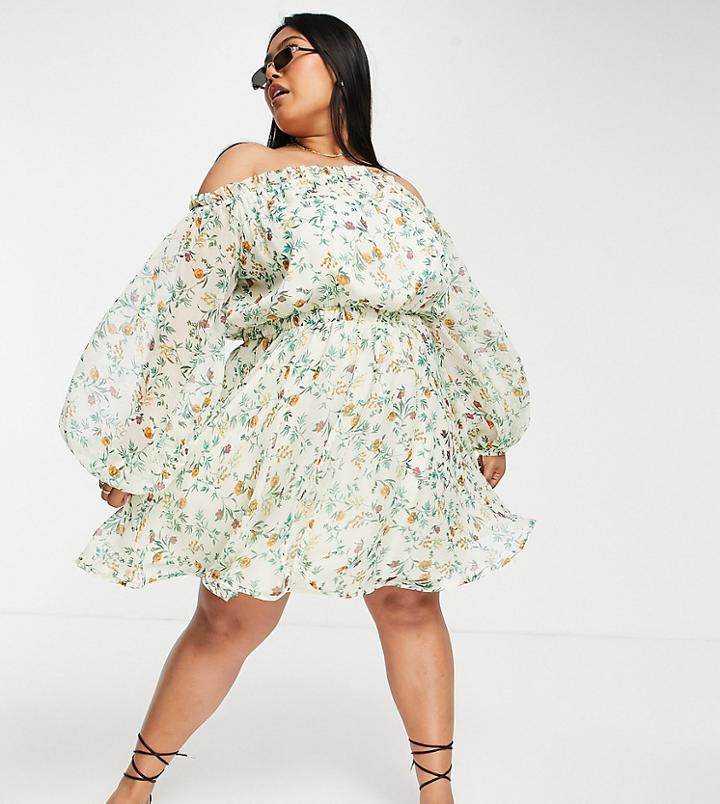 Asos Design Curve Off Shoulder Mini Dress In Floral Print-multi