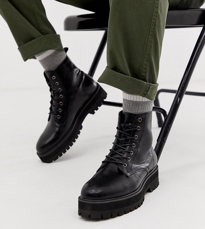 Asos Design Wide Fit Black Lace Up Boots In Faux Leather With Raised Chunky Sole - Black