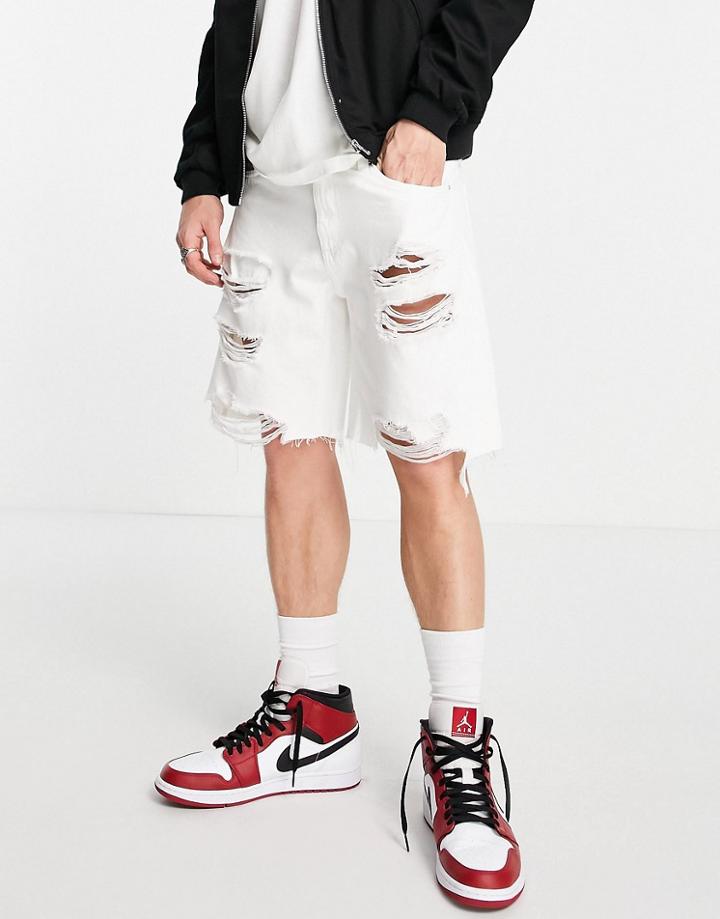 Bershka Distressed Denim Shorts In White