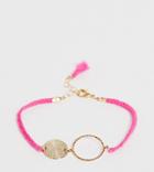 Asos Design Curve Cord Bracelet With Open Circle And Hammered Disc In Pink - Pink