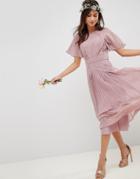 Asos Design Bridesmaid Pleated Paneled Short Sleeve Midi Dress With Lace Inserts - Pink