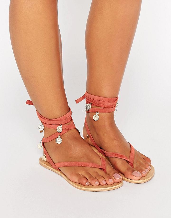 Asos Freesia Suede Coin Tie Leg Flat Sandals - Pink
