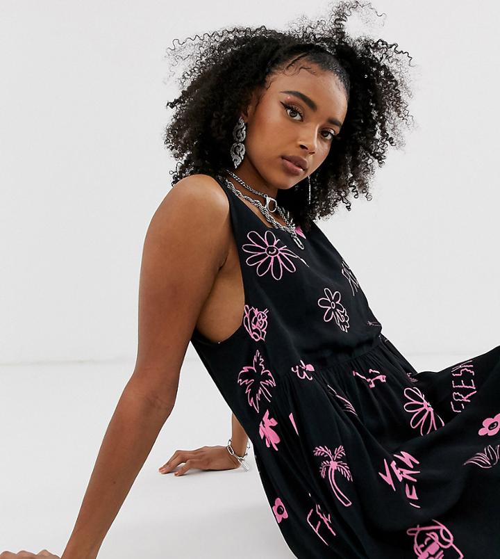Collusion Printed Midi Smock Dress-multi