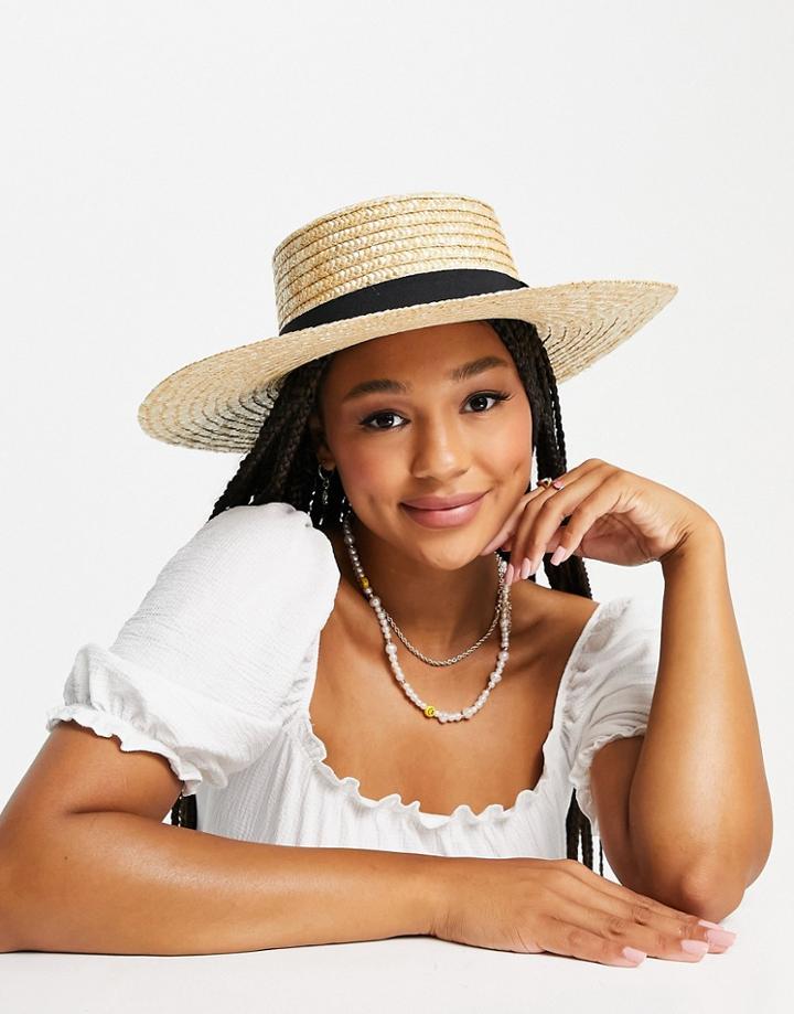 My Accessories London Adjustable Straw Boater Hat With Black Trim-neutral