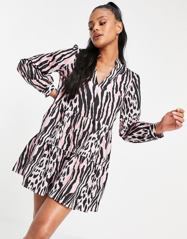 Naanaa Mini Swing Dress In Pink Mixed Animal-multi