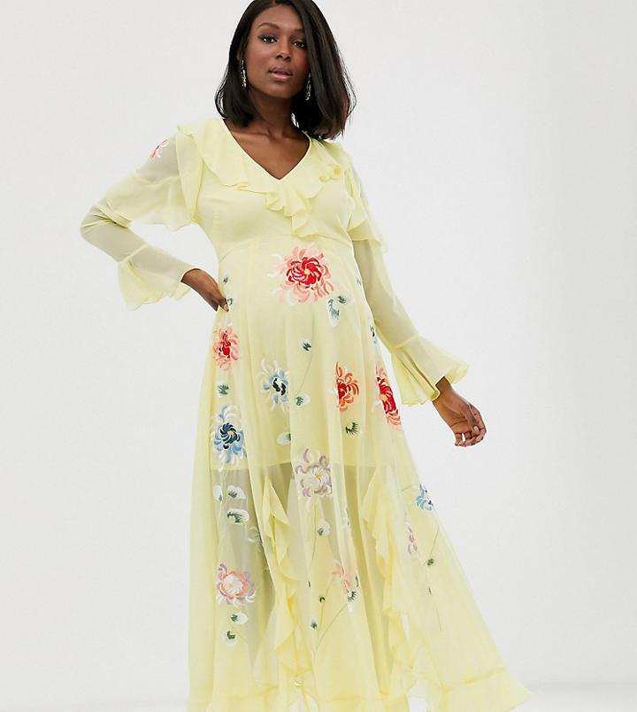 Asos Design Maternity Embroidered Wrap Maxi Dress - Yellow