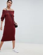 Asos Design Knit Dress In Off Shoulder Midi Shape - Red