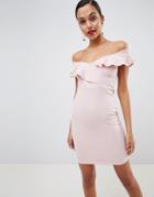 Outrageous Fortune Ruffle Plunge Front Pencil Dress In Nude - Pink