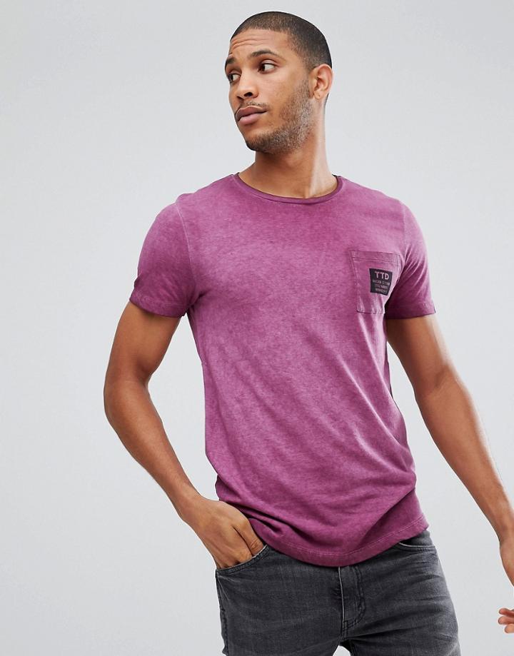 Tom Tailor T-shirt With Burgundy Pigment Dye Wash - Red