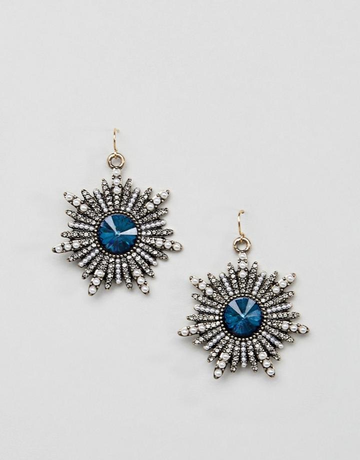 Asos Design Earrings In Vintage Style With Bright Jewel And Pearls In Gold - Gold