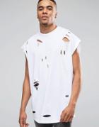 Asos Super Oversized T-shirt With Distressing And Scoop Hem In White - Optic White