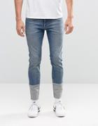 Asos Skinny Jeans With Cut And Sew Turn Up In Mid Blue - Mid Blue