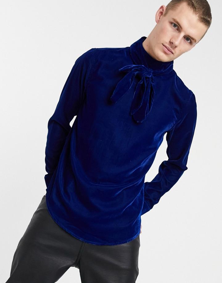 Asos Design Regular Fit Velvet Shirt With Pussybow Neck Tie In Royal Blue-blues
