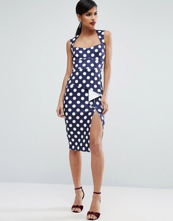 Asos Scuba Spot Midi Pencil Dress With Ruffle - Navy