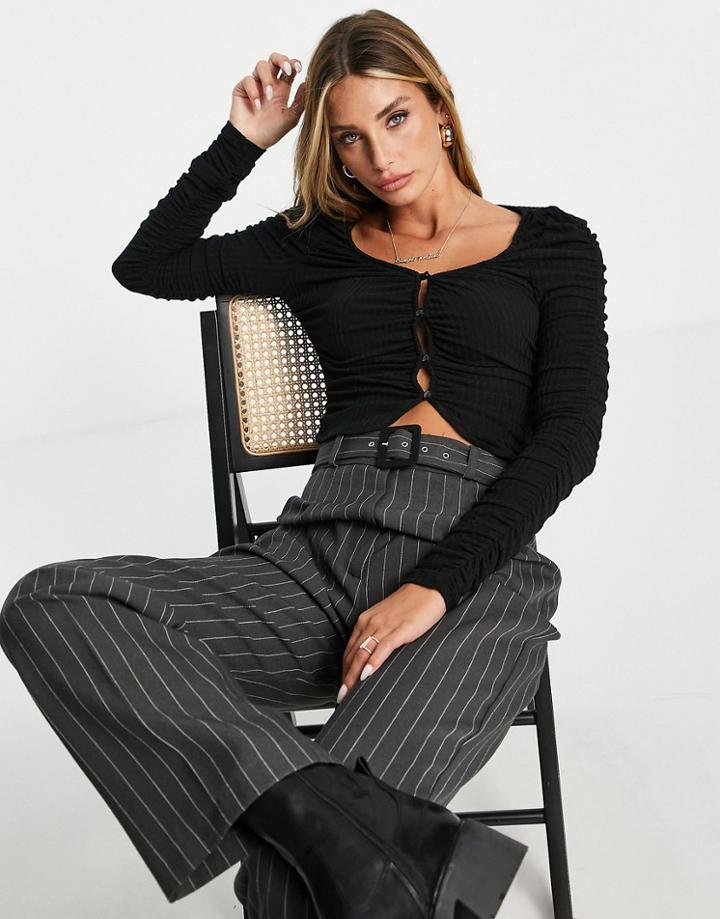 River Island Long Sleeve Ruched Button Up Cardigan In Black