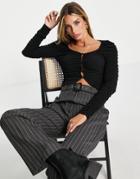 River Island Long Sleeve Ruched Button Up Cardigan In Black