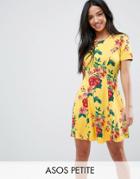Asos Petite Mini Tea Dress In Yellow Floral Print - Yellow