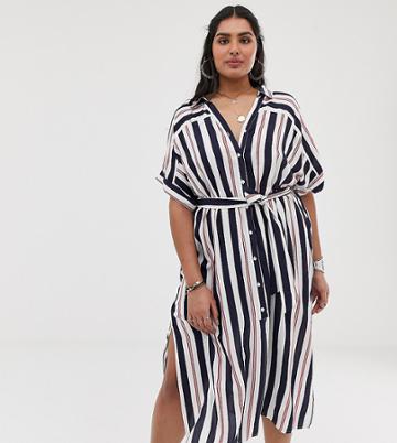 En Creme Curve Midi Shirt Dress With Tie Waist In Tonal Stripe - Multi