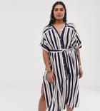 En Creme Curve Midi Shirt Dress With Tie Waist In Tonal Stripe - Multi