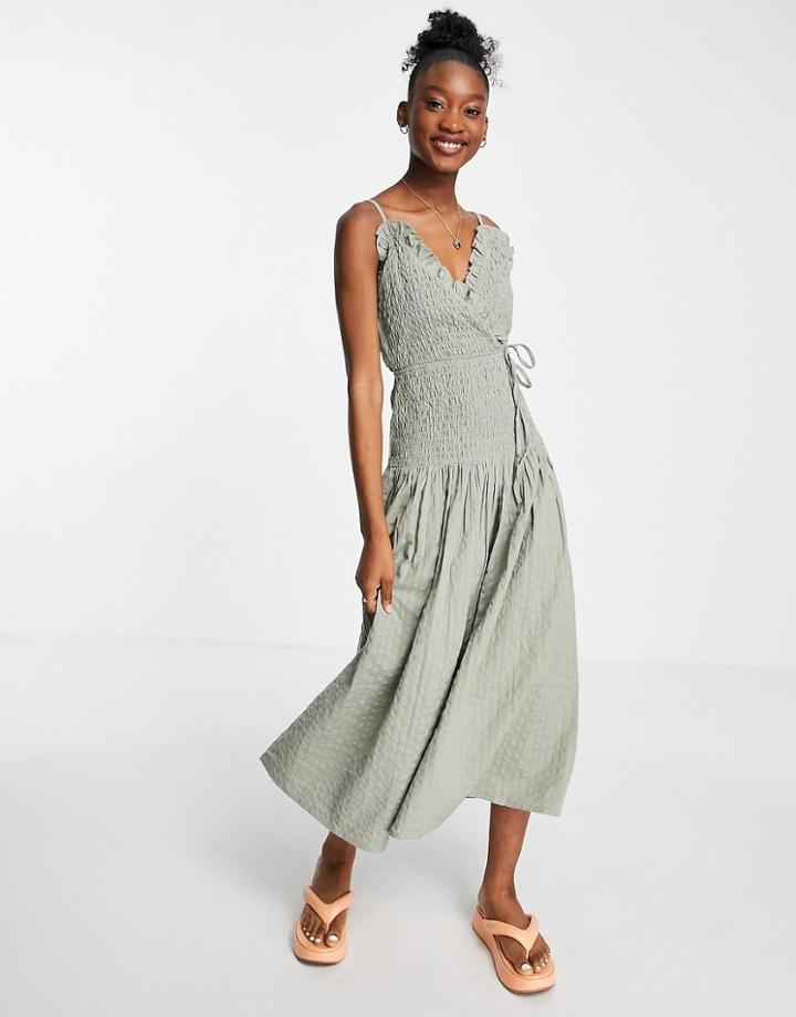 Asos Design Cami Wrap Maxi Dress With Shirred Waist In Seersucker In Khaki-green