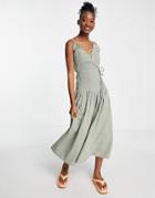 Asos Design Cami Wrap Maxi Dress With Shirred Waist In Seersucker In Khaki-green