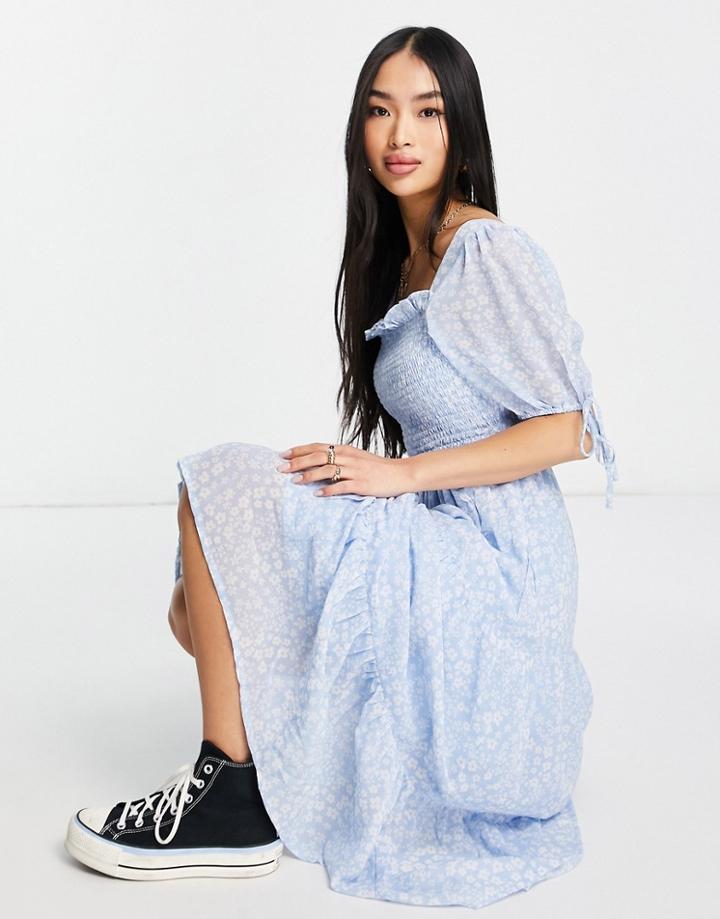 Influence Puff Sleeve Tiered Chiffon Midi Dress In Blue Floral Print
