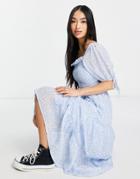 Influence Puff Sleeve Tiered Chiffon Midi Dress In Blue Floral Print