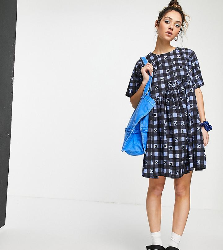 Collusion Seersucker Gingham Mini Smock Dress In Blue Print-multi