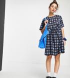 Collusion Seersucker Gingham Mini Smock Dress In Blue Print-multi