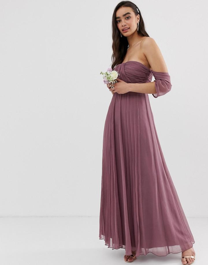 Asos Design Bridesmaid Bardot Ruched Pleated Maxi Dress-purple