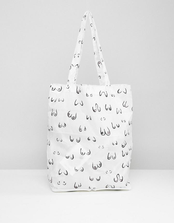 Monki Boob Print Foldable Bag In White - White