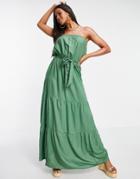 Asos Design Bandeau Tiered Maxi Beach Dress In Khaki-green