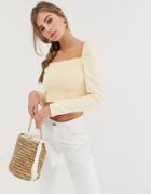 Asos Design Denim Cropped Shirred Top In Lemon Yellow-stone