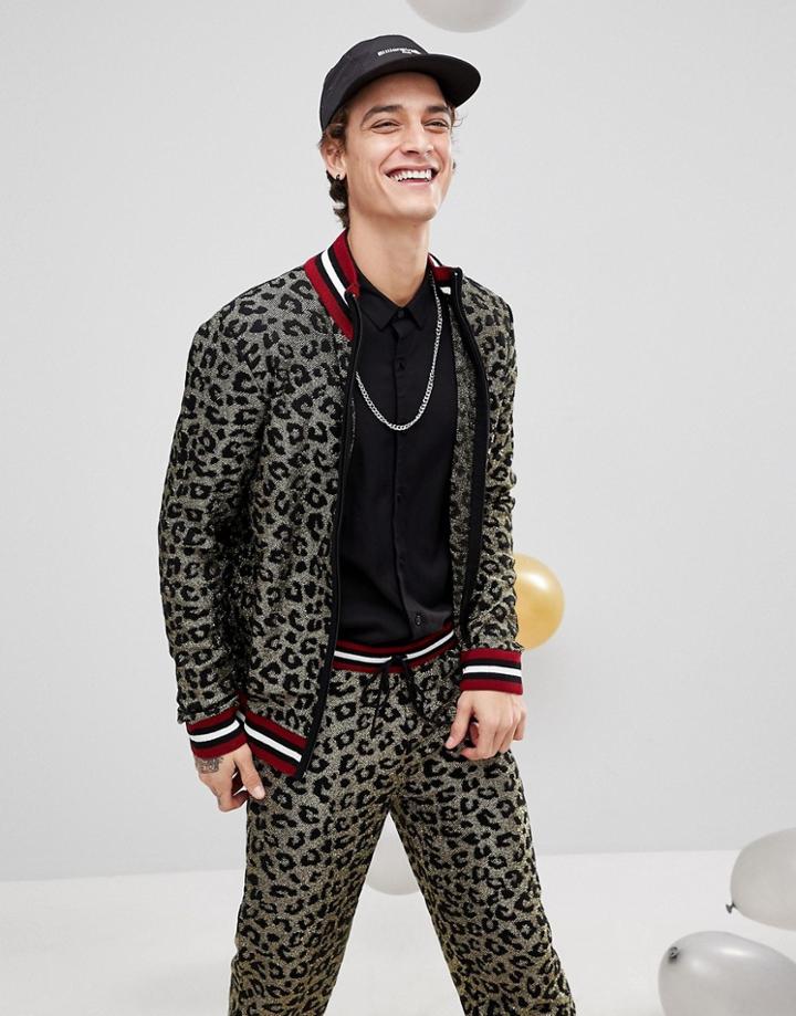 Asos Knitted Lurex Track Jacket In Leopard Design - Gold