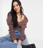 Outrageous Fortune Tall Sweetheart Top In Volume Shoulders In Brown Spot Print