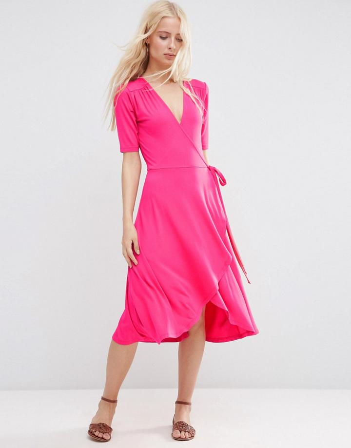 Asos Midi Tea Dress With Wrap Front - Raspberry