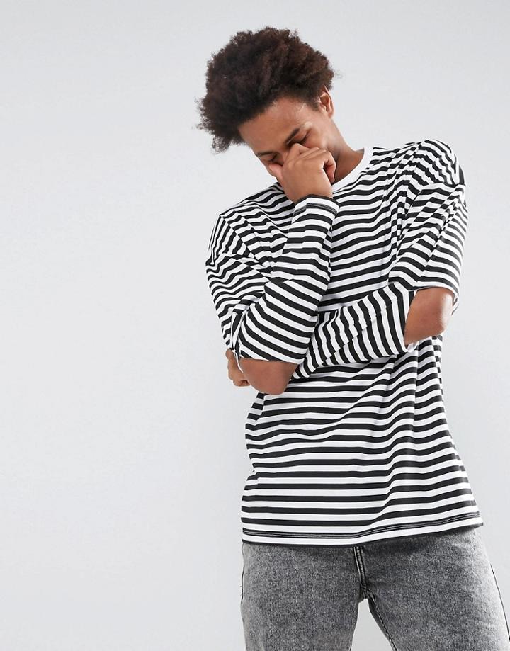 Asos Oversized Long Sleeve Stripe T-shirt With Cold Elbow - White