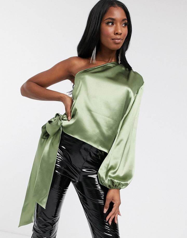 Koco & K Satin One Shoulder Blouse In Sage Green