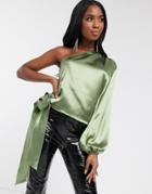Koco & K Satin One Shoulder Blouse In Sage Green