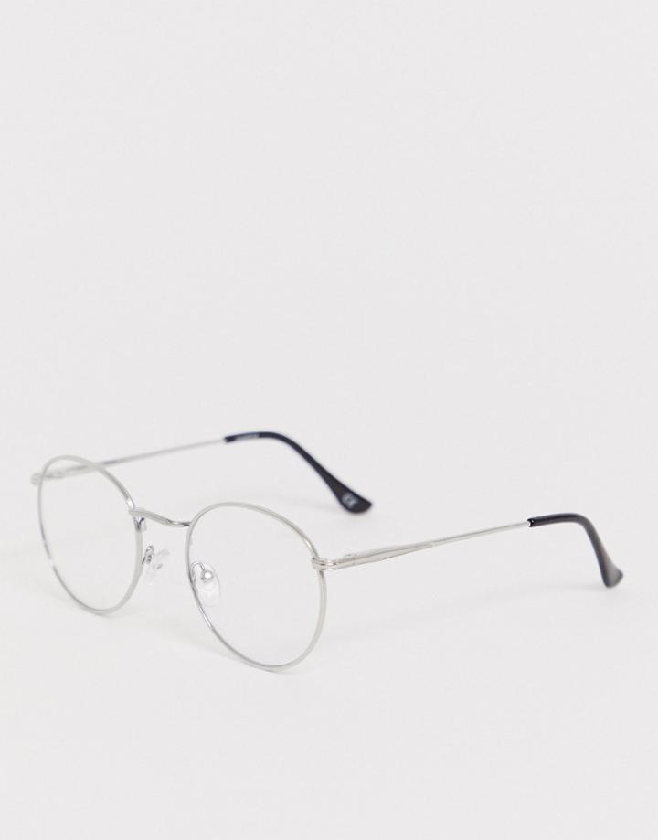 Asos Design Round Glasses In Silver Metal With Clear Lens