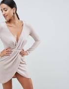 In The Style Tammy Hembrow Glitter Wrap Plunge Mini Dress - Cream