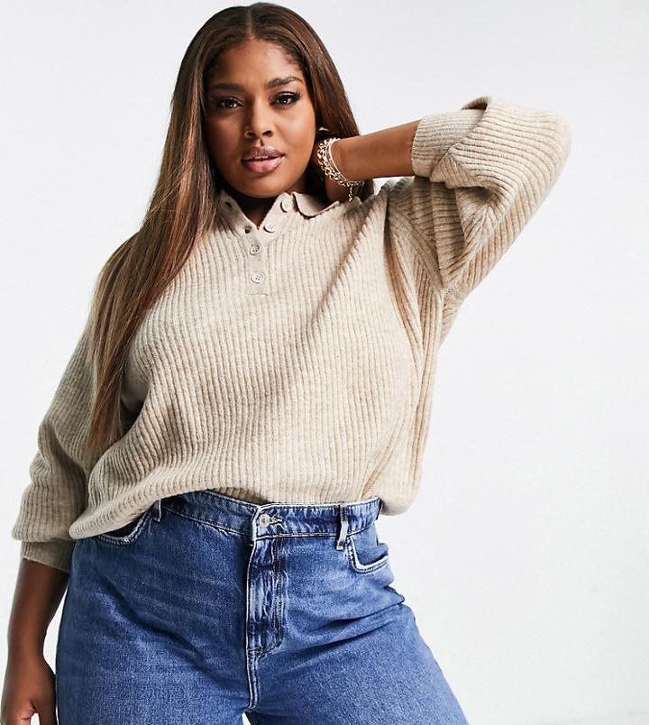 Asos Design Curve Sweater With Polo Neck In Rib In Oatmeal-neutral