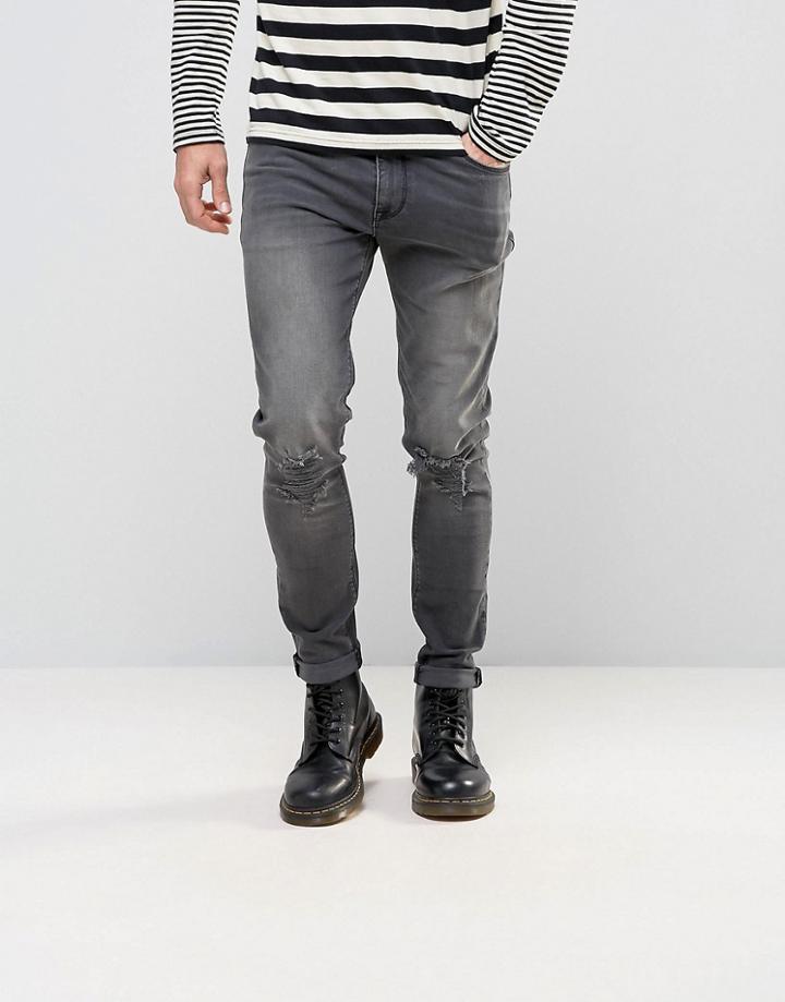 Asos Skinny Jeans With Knee Abrasions In Dark Gray - Gray