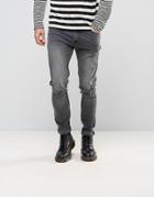 Asos Skinny Jeans With Knee Abrasions In Dark Gray - Gray