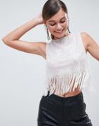 Asos Design Embellished Crop Shell Top With Fringe Detail In Silver - Silver